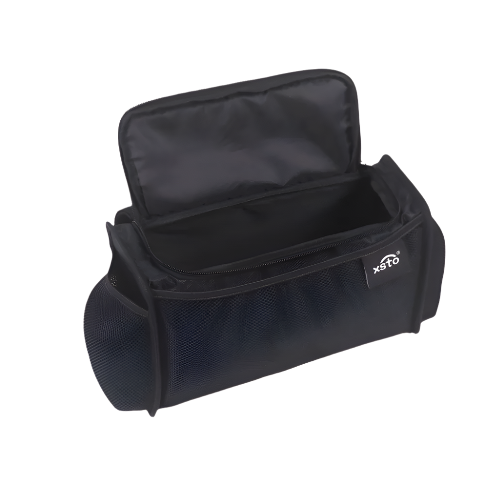 black bag open with xsto in white label