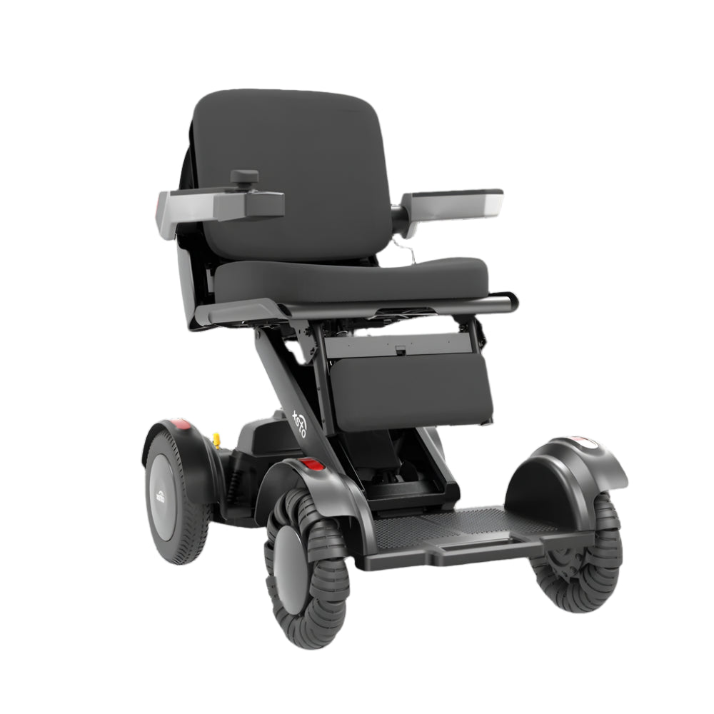 front view of black electric wheelchair with 4 wheels and cushions