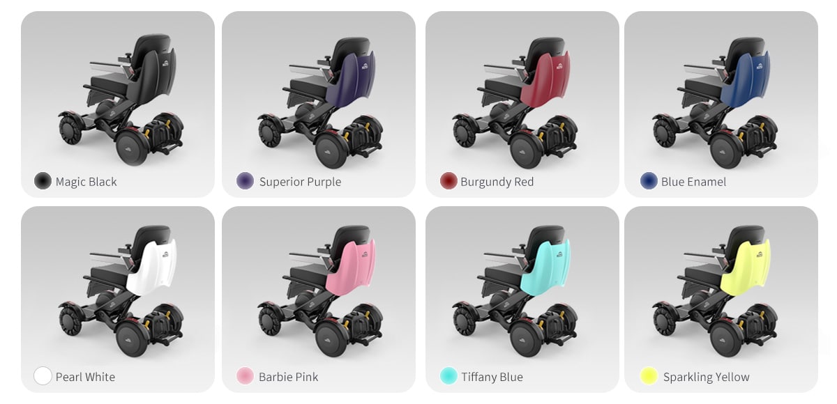 xsto m4 electrical wheelchair showing the various colour options available for the back rest, black, purple, redblue, white, pink and yellow